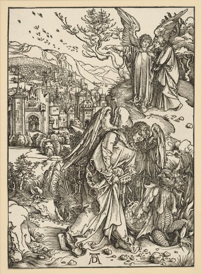 Engelen kaster dragen i avgrunnen og stenger den inne der (Apokalypsen) av Albrecht Dürer