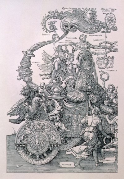 Design for The Great Triumphal Chariot of Emperor Maximilian I: detalj som viser dydene som plasserer en krans på hodet til keiseren, planlagt av Willibald Pirckheimer, pub. ca. 1518 av Albrecht Dürer