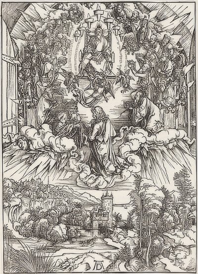 Johannes foran Gud Faderen og de eldste, fra episoden av Apokalypsen. 1496 av Albrecht Dürer