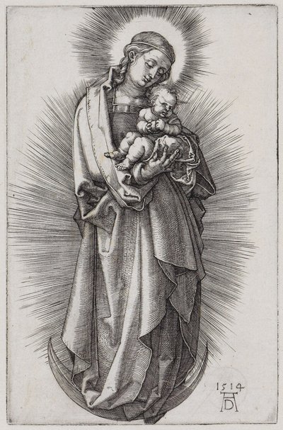 Jomfru med hårbånd i strålekrans på månesigden av Albrecht Dürer
