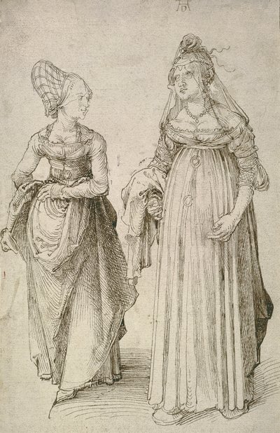Dame i venetiansk kjole kontrastert med en Nürnberg Hausfrau av Albrecht Dürer
