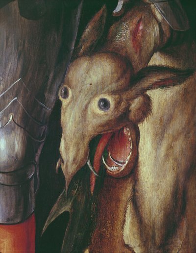 Paumgartner altertavle: detalj av venstre fløy, som viser hodet til dragen beseiret av St. George, ca. 1500 tempera på paneldetalj av 495745 av Albrecht Dürer