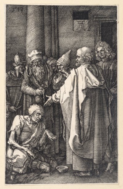 Peter og Johannes helbreder en lam tigger i tempelet (Kobberstikkpasjonen) av Albrecht Dürer