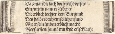 Trykt tekst for "Forlovelsen til Maximilian med Maria av Burgund" av Albrecht Dürer
