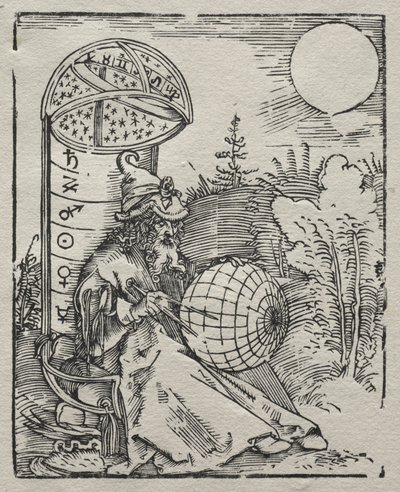 Ptolemaios sender den Himmelsglobus av Albrecht Dürer