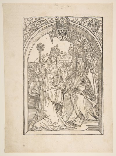 Rosvitha presenterer komediene til keiser Otto I. illustrasjon fra Operaen Hrosvi....nd av Albrecht Dürer