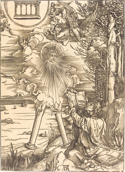 Saint John fortærer boken av Albrecht Dürer