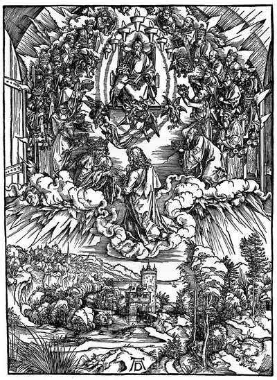 Scene fra Apokalypsen, St. Johannes foran Gud Faderen og de tjuefire eldste, 1498, 1936. av Albrecht Dürer