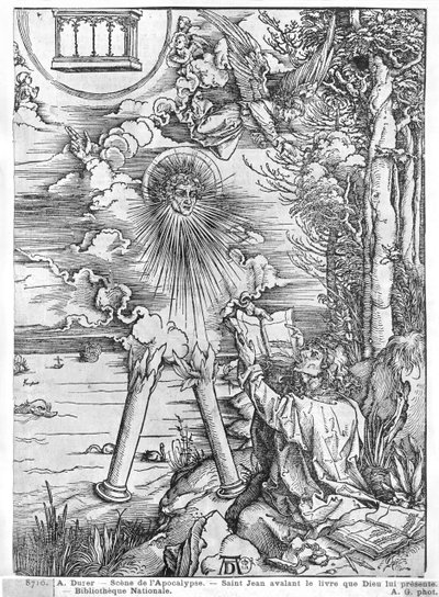 Scene fra apokalypsen, St. John fortærer boken, latinsk utgave, 1511 (tresnitt) (bw-foto) av Albrecht Dürer