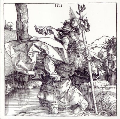 St.Christopher bærer Kristusbarnet, 1511 (tresnitt) (bw-bilde) av Albrecht Dürer
