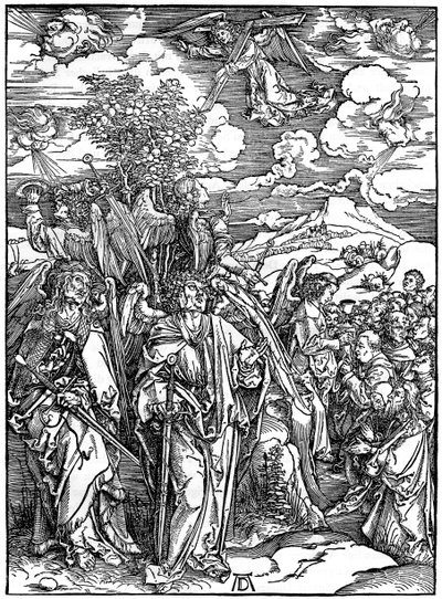 De fire englene holder vindene, 1498, 1936 av Albrecht Dürer