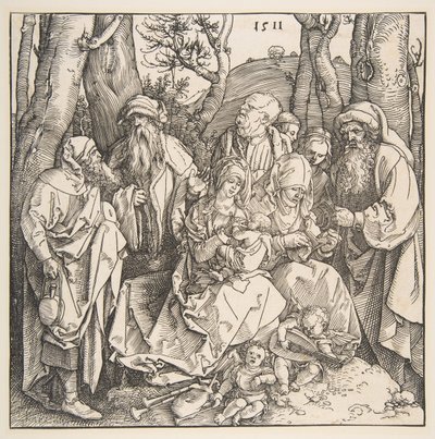 Den hellige familie med hellige og to musikalske engler, 1511. av Albrecht Dürer