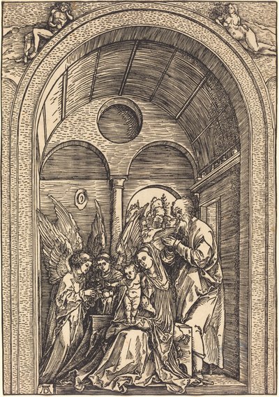 Den hellige familie med to engler i en hvelvet sal av Albrecht Dürer