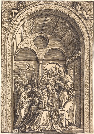 Den hellige familie med to engler i en hvelvet sal av Albrecht Dürer