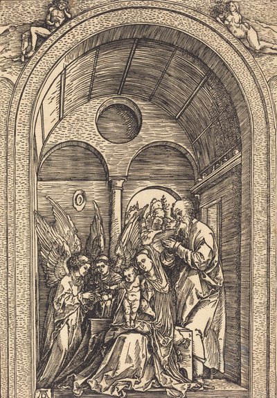 Den hellige familie med to engler i en hvelvet sal, ca. 1504. av Albrecht Dürer