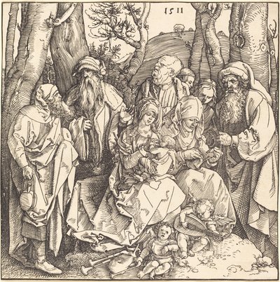 Den hellige familie med to musikkskapende engler av Albrecht Dürer