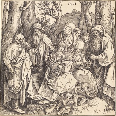 Den hellige familie med to musikkskapende engler av Albrecht Dürer