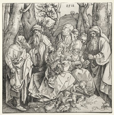 Den hellige familie med to musikerengler, 1511. av Albrecht Dürer