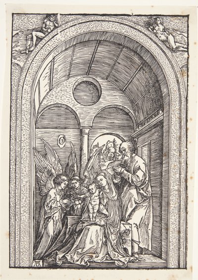Den hellige familie med to engler i en hvelvet sal av Albrecht Dürer