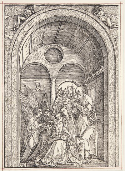 Den hellige familie med to engler i en hvelvet sal av Albrecht Dürer