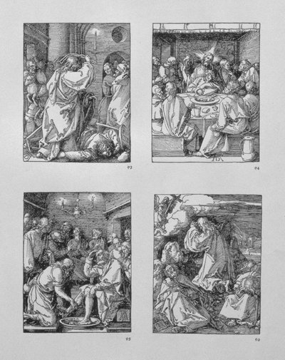 'Small Passion'-serien: (med klokken) Kristus utviser pengevekslerne fra templet; Det siste måltid; Kristus som vasker Peters føtter; Kval i hagen, pub.1511 av Albrecht Dürer