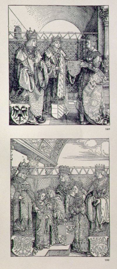 Triumfbuen til keiser Maximilian I (1459-1519): detalj som viser to paneler plassert over venstre portal som viser hendelser i livet til keiser Maximilian, pub. 151728 av Albrecht Dürer
