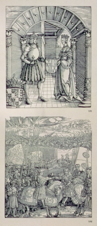 Triumfbuen til keiser Maximilian I av Tyskland (1459-1519): detalj som viser to paneler plassert over venstre portal som viser (øverst) Maximilian I og hans første kone Maria av Burgund (1457-82) av Albrecht Dürer
