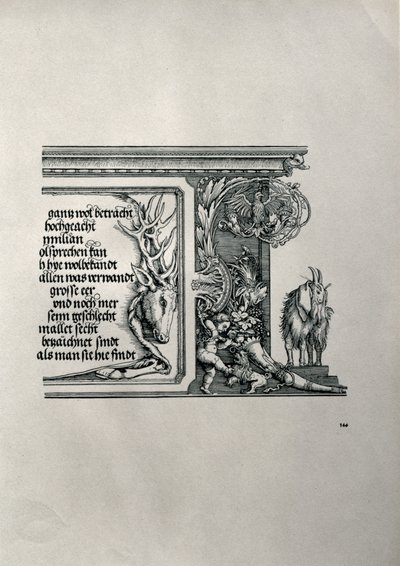 Triumfbuen til keiser Maximilian I av Tyskland 1459-1519: detalj av et hjorteskinn med en inskripsjon som hyller keiserens familieforbindelser, med en geit med floppøre, symbol på skarpheten av hea av Albrecht Dürer