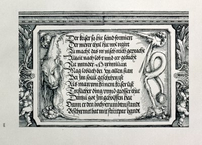 Triumfbuen til keiser Maximilian I av Tyskland 1459-1519: detalj av dekorativt oppsett som viser et løveskinn med en inskripsjon som hyller keiserens familieforbindelser, pub. 151718 tresnitt av Albrecht Dürer