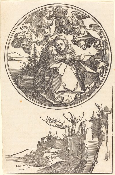 Jomfruen kronet av to engler over et landskap av Albrecht Dürer