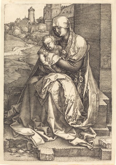 Jomfruen og barnet sitter ved veggen av Albrecht Dürer