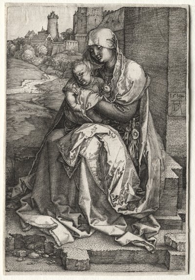 Jomfruen og barnet sittende ved veggen av Albrecht Dürer