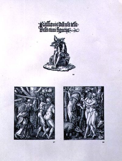 Tre sider fra Small Passion-serien: (øverst) tittelblad med Kristus som sorgens mann og en latinsk inskripsjon; (til venstre) Utvisningen fra paradis; (til høyre) Adam og Eva, pub. 1511 av Albrecht Dürer