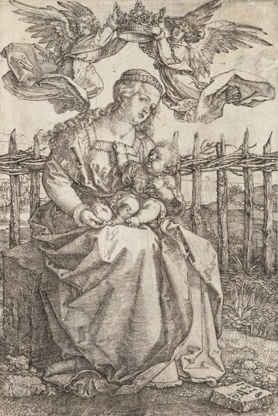 Jomfru Maria kronet av to engler av Albrecht Dürer
