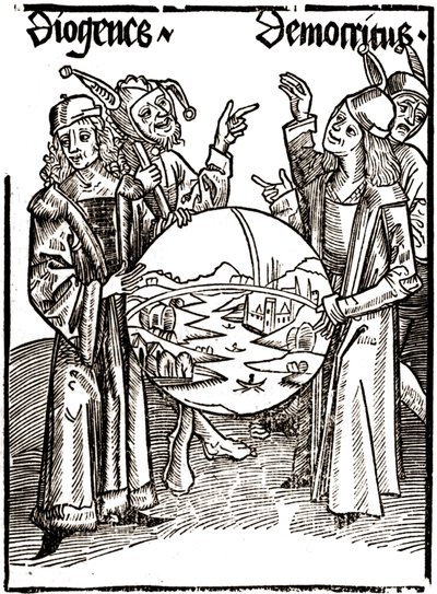 Diogenes (-413 - -327) og Democritus (-460 - -370) - i "" Das Narrenschif (Nårenes båt)" av Sébastien Brandt (1458 - 1521). Gravering. av Albrecht Dürer