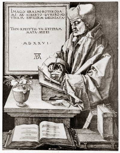 Erasmus til hans forfatterskap - gravering av Albrecht Durer gjengitt på begynnelsen av 1900-tallet. av Albrecht Dürer