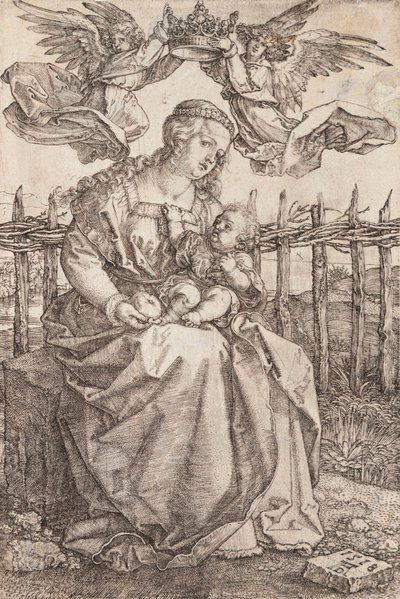Jomfru Maria kronet av to engler - Kobberstikk av Albrecht Durer (1471-1528) av Albrecht Dürer