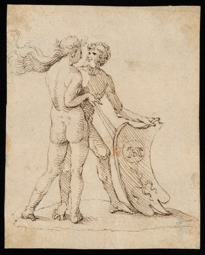 Naken kvinne og mann med skjoldet med våpenskjoldet til Willibald Pirckheimer av Albrecht Dürer