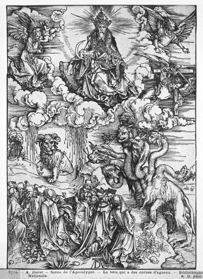 Scene fra apokalypsen, den syvhodede og tihornede dragen (tresnitt) (s/hvitt-bilde) av Albrecht Dürer