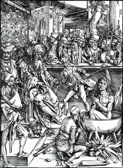 St. Johannes evangelisten blir torturert i et kar med kokende olje, fra 'Apocalypse'-serien av Albrecht Dürer