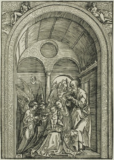 Den hellige familie med to engler i en hvelvet sal av Albrecht Dürer or Duerer