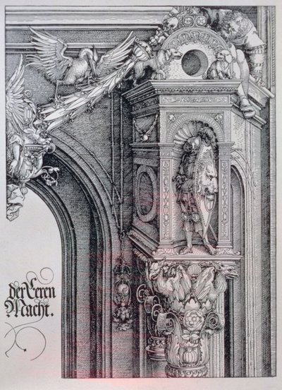 Triumfbuen til keiser Maximilian I (1459-1519): detalj av sentralbuen (æres- og maktporten) som viser en blad og animert søylekapittel som støtter en ridder som står i en arkitektonisk nisje, en figur som holder den ene siden av en hengende kartong av Albrecht Dürer