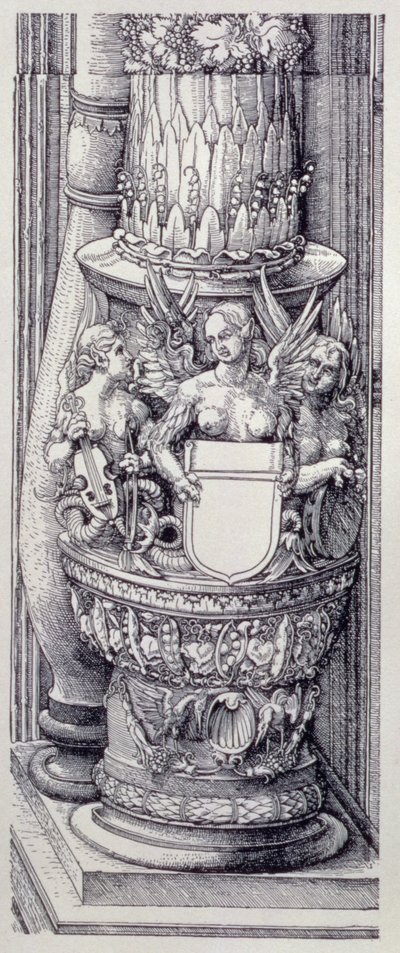 Triumfbuen til keiser Maximilian I av Tyskland (1459-1519): detalj av sentrale Gates of Honor and Power, venstre søylebase pyntet med bånd av løvverk og bevingede kvinnelige griffiner, datert 1515, pub. 1517/18 (tresnitt) av Albrecht Dürer
