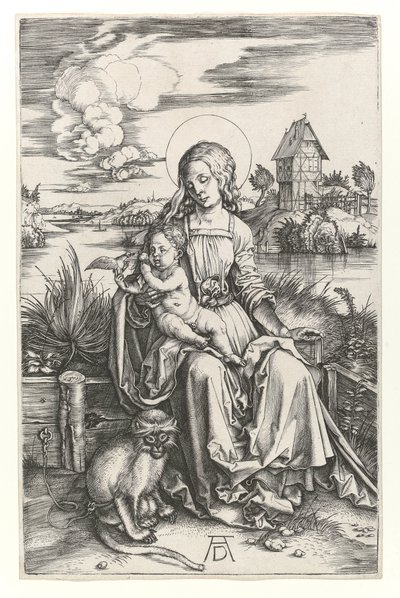 Jomfruen med apen, ca. 1498 (Burin-gravering) av Albrecht Dürer