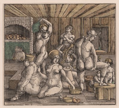 Kvinnebadet, av Duerer, Albrecht (1471-1528). Tresnitt, akvarell, ca. 1500. Mål: 21,8x23,9 cm. Privat samling av Albrecht Dürer