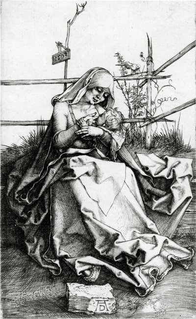 Jomfru og barn sitter på en gressbenk av Albrecht Dürer