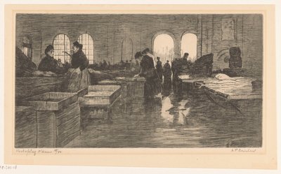 Interiør av Vismarkt på Nieuwmarkt i Amsterdam Amsterdam fiskeauksjon (original tittel på objektet) av Albrecht Felix Reicher (signed by artist)