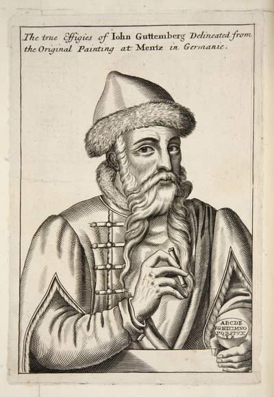 John Guttemberg, fra Mechanick Exercises: or The Doctrine of Handy-Works used to the Art of Printing, pub. 1683 av Albrecht after Mentz