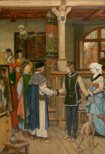 Magistratene besøker verkstedet til Jan van Eyck (olje på lerret) av Albrecht de Vriendt