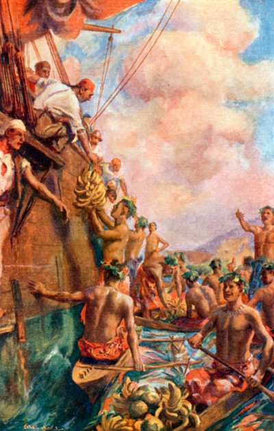 Kaptein Cooks ankomst til Tahiti (fargelitografi) av Alec Ball